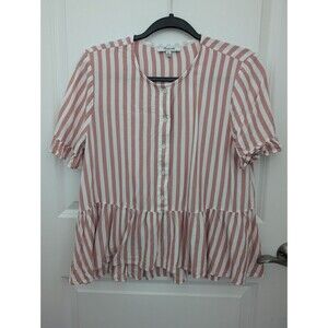Madewell Womens Striped Button Down Peplum Top Short Sleeve Size M